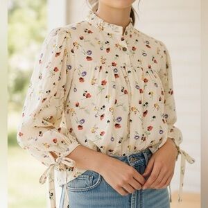 WARM Mystic Floral Ruffle Neck Tie-Cuff Cotton Blouse
